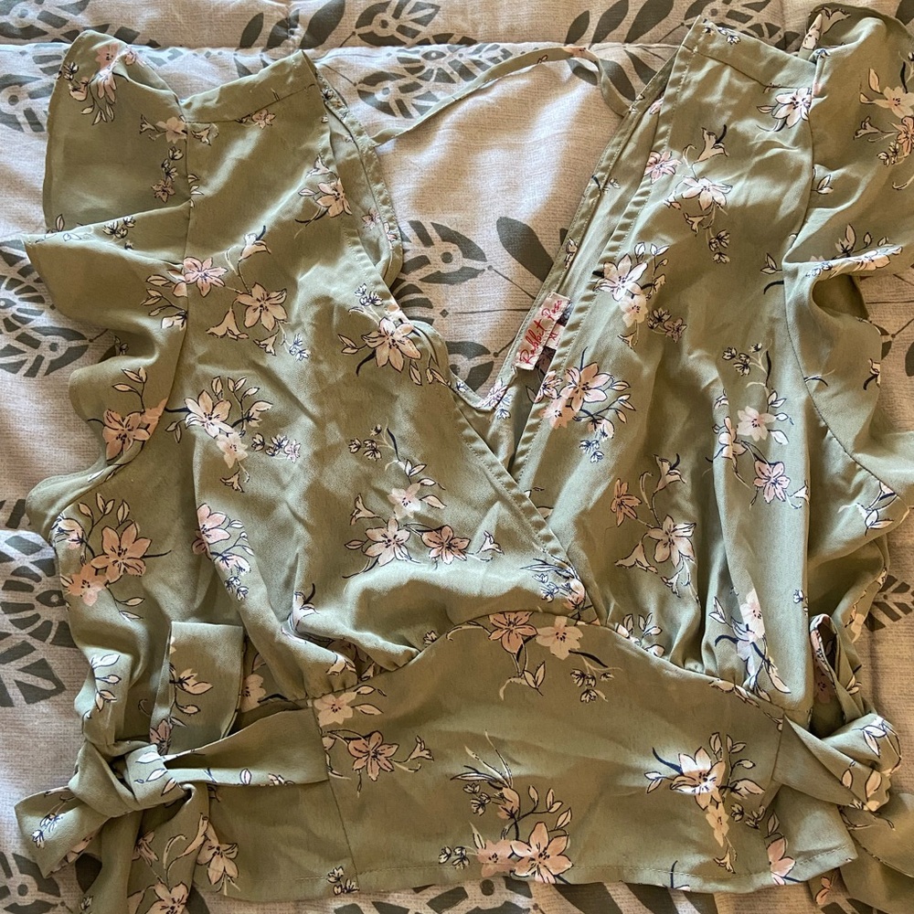 Floral Green Wrap Top